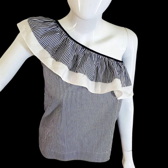 J Crew One Shoulder Ruffle Top Stripes Striped Cotton Women Size 000 NEW Blue - Picture 1 of 7